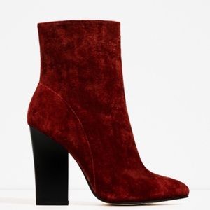 ZARA BURGUNDY VELVET HIGH HEEL ANKLE BOOTIE  39